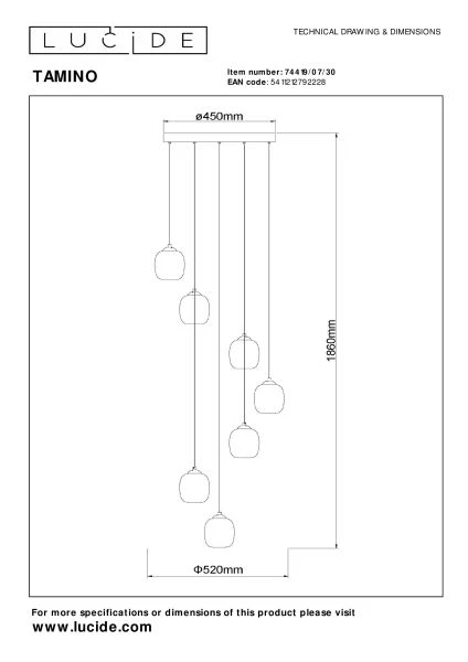 Lucide TAMINO - Pendelleuchten - Ø 52 cm - LED Dim. - 7x7W 3000K - Schwarz - technisch
